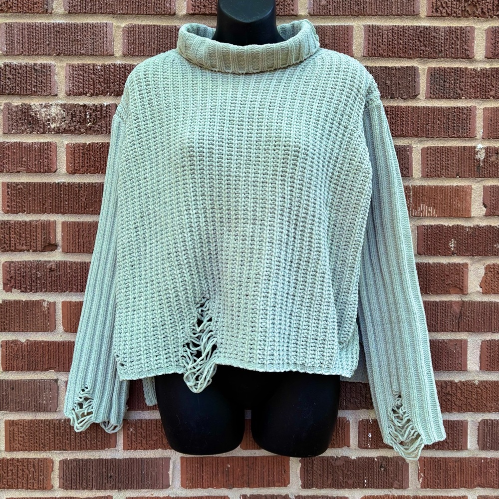 POL Green distressed ripped chenille Round rolled neck pullover sweater Sz S BIG